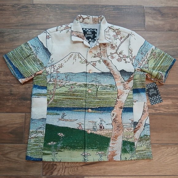 Rebel Vengeance Tapestry Shirt Mens Medium Japanese Mt. Fuji Landscape Jacket - Picture 2 of 8